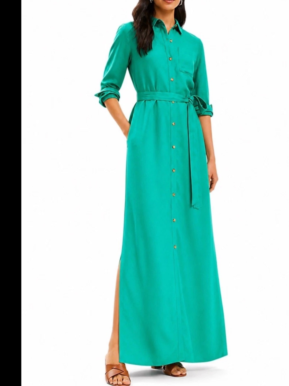 Loft Linen Blend Belted Green Maxi Shirt Dress Side Slits Sz 10